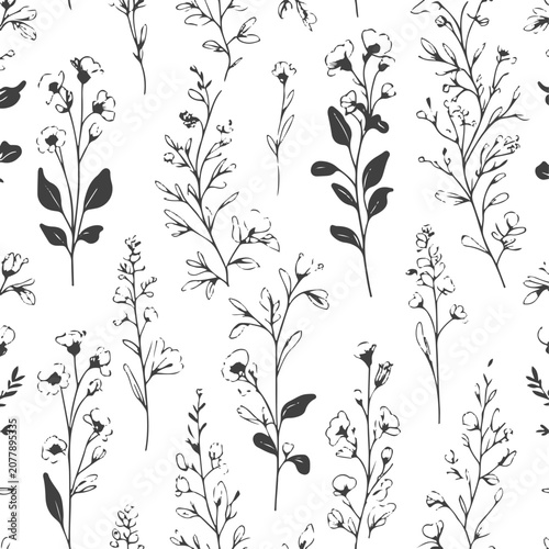 Photos Minimal floral seamless pattern, bold black botanical line art, elegant wildflo