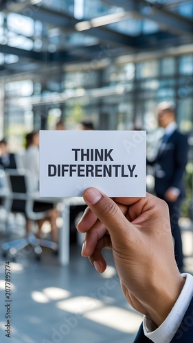 Professional hand displaying an inspirational Think Differently message card in a busy corporate office setting