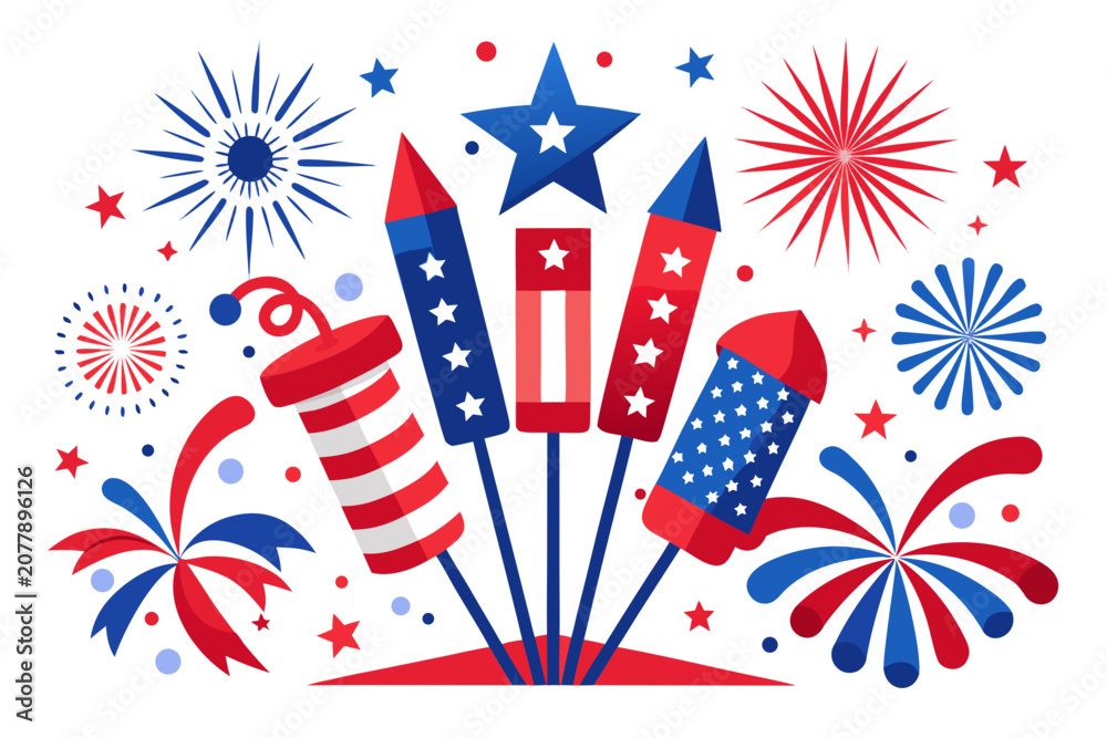 Obraz premium Vibrant patriotic firework rockets and festive explosions in red, white, and blue hues, celebrating independence with a dynamic vector graphic illustration design