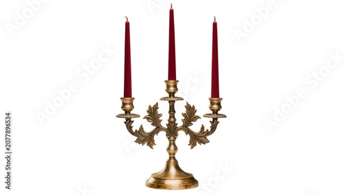 Fotografie Antique brass candelabra with three red taper candles, isolated on transparent b