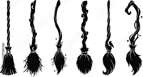 Witch's broom icon vector set. Six unique witch broom designs with celestial and mystical elements