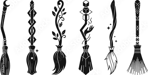 Witch's broom icon vector set. Six unique black magic wands with various designs and decorations on white background