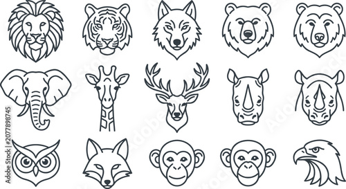 Photography Minimalist Wild Animal Head Line Icon Set Featuring Lion Tiger Wolf Bear and Ele
