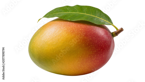 Foto Ripe mango with green leaf and stem, isolated on transparent background