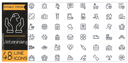 Veterinary icons set. Includes icons for animal care, pet health, veterinarian, clinic, treatment, and wellness. Editable stroke. Line icons. Perfect for apps and infographics.
