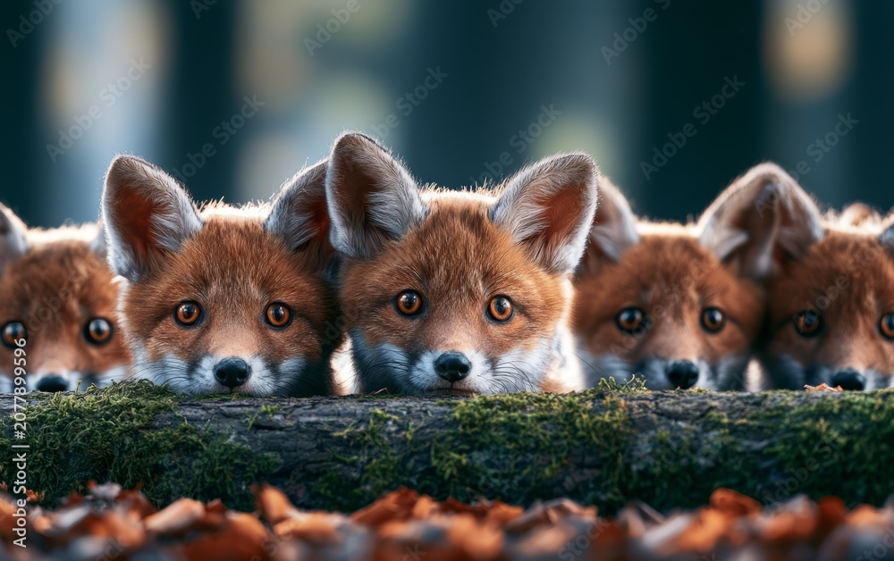 Fototapeta premium Baby Red Foxes Peeking Over Mossy Log in a Row in Forest Setting