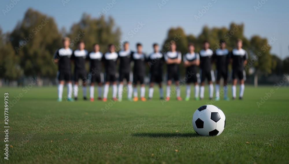Obraz premium Football sitting on green grass field with a blurred team of male athletes in uniform standing in background, representing sport, youth, competition, and teamwork