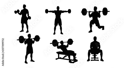 Cuadro en lienzo Silhouettes of people performing various weightlifting exercises.