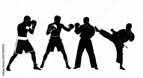 Tableau sur toile Four Men Martial Arts Silhouettes in Dynamic Poses.