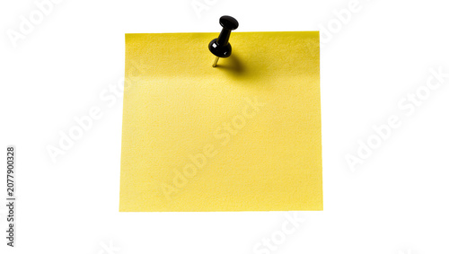 Yellow sticky note pinned with a black pushpin, isolated on transparent background