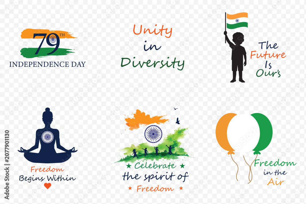 Fototapeta premium India Independence Day Illustration Collection, 79th Independence Day, Unity in Diversity, Freedom Begins Within, Indian Flag, Ashoka Chakra Vector Set.