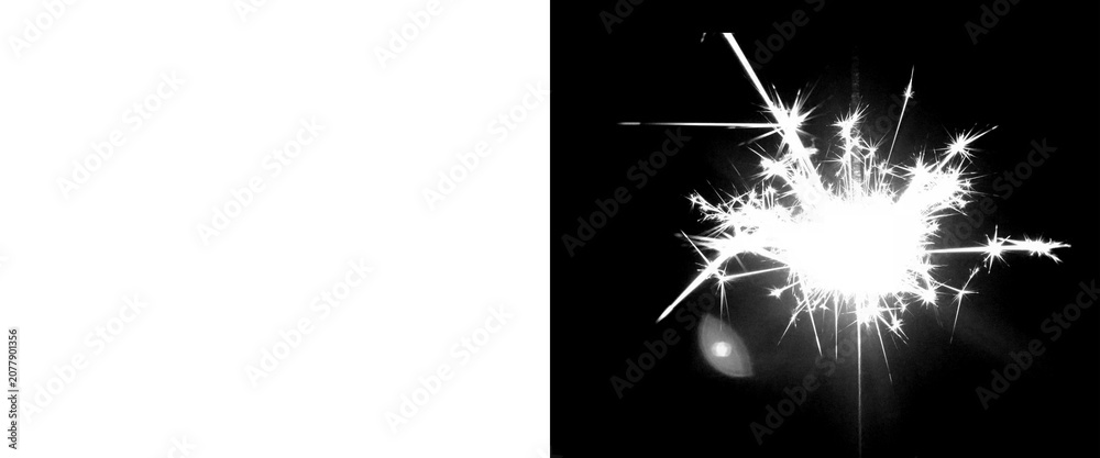 Fototapeta premium Sparkling white firework burst on black background, glowing light flare with radiant sparks, festive pyrotechnic explosion for holiday design