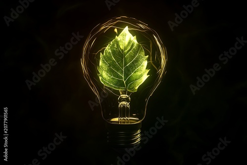 A glowing green leaf inside a light bulb representing sustainable energy