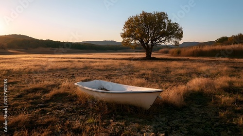 An abandoned boat rests on the dry banks of a reservoir bathed in warm early morning light