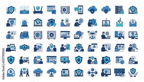 Collection of business digital security and cyber protection icons featuring shields locks and network safety concepts security protection internet business password information firewall