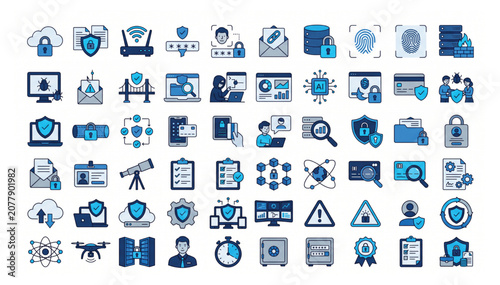 Comprehensive collection of flat vector security and technology icons for cybersecurity and digital protection concepts with security protection technology internet password information