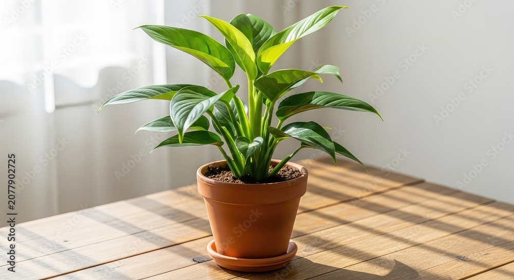 Fototapeta premium A green potted plant rests on a rustic wooden table surface, illuminated by soft natural sunlight streaming through a nearby window pane, clean, sun, decor