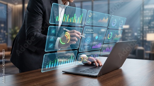 Business finance concept featuring a professional analyzing financial data with a holographic interface on a laptop in a modern office with city view, supporting strategic decisions and innovation.