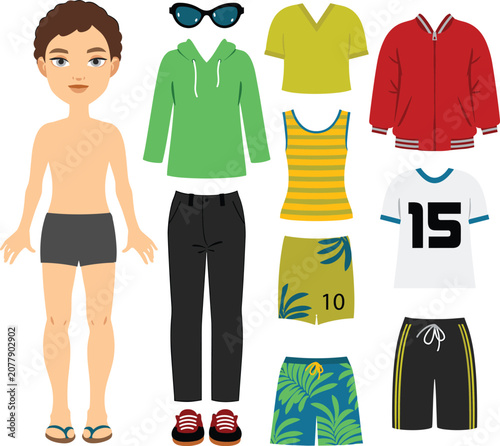 Fotografía Paper doll boy vector set with casual outfits, shirts, pants, jackets, and acces
