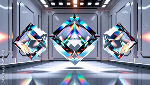 Three Futuristic Transparent Geometric Forms with Light Refraction in a High-Tech Sci-Fi Room, Abstract 3D Render