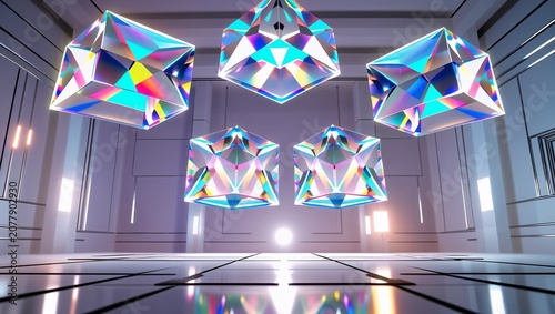 Futuristic abstract iridescent crystal objects floating in a modern minimalist sci-fi white room, geometric gemstone light refraction