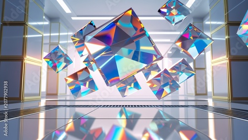 Abstract iridescent cubes floating in a futuristic white room, reflecting vibrant light in a modern digital background.