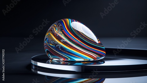 Vibrant abstract glass sculpture with colorful swirling patterns, modern artistic decorative object on a reflective surface