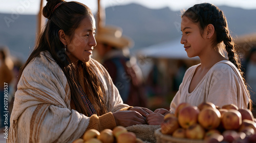 Peruvian street vendor slipping her extra fruit quietly into the bag of a young student who counted coins short, neither making eye contact, the transaction invisible to passersby