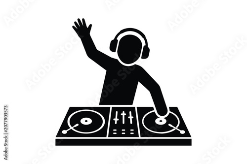 Professional DJ Mixing Music on Turntables Silhouette Vector Icon Design