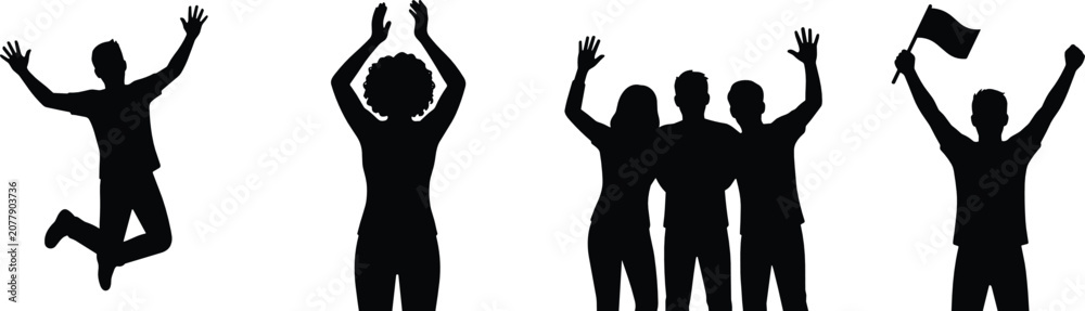 Fototapeta premium Celebration People Silhouette Collection with Jumping Cheering Waving and Victory Poses Vector Set