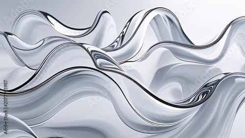 Elegant Abstract Wavy Background: Smooth Reflective Silver and Grey Fluid Shapes, Modern Glass Texture for Design