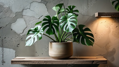 Lush potted Monstera houseplant with large green leaves on a minimalist wooden shelf against a textured concrete wall, soft light