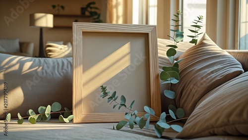 Blank wooden frame mockup with eucalyptus leaves on a cozy sofa bathed in warm sunlight, minimalist home decor.