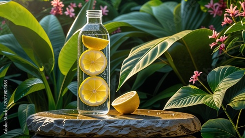 Vibrant Lemon-Infused Water Bottle and Fresh Citrus on Stone in Lush Green Tropical Nature with Golden Sunlight