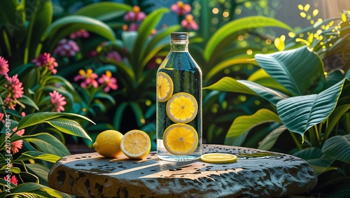 Clear glass bottle of refreshing lemon-infused water with fresh citrus slices and whole lemons on a natural stone in a lush garden setting.