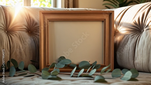 Empty wooden picture frame mockup on a cozy beige sofa, illuminated by warm sunlight with scattered eucalyptus leaves.