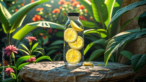 Refreshing lemon water with fresh citrus slices in a clear glass bottle on a natural stone amidst vibrant tropical greenery and flowers.