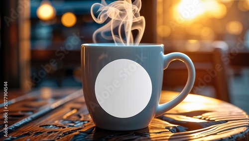 Cozy steaming hot beverage mug with an empty label space on a rustic wooden table, bathed in warm light, perfect for branding.