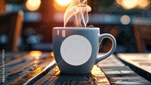 Steaming hot coffee or tea in a ceramic mug on a rustic wooden table with warm bokeh background, cozy drink scene.