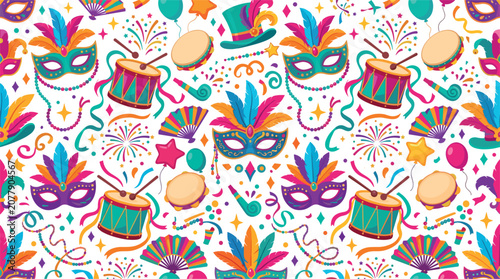 Festive Brazilian Carnival and Mardi Gras Celebration Seamless Pattern Background with Masquerade Masks, Drums, Feathers, and Party Confetti Vector Graphic Elements