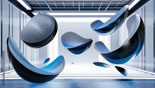 Dynamic abstract blue and black metallic liquid shapes floating in a futuristic white corridor, modern digital art background