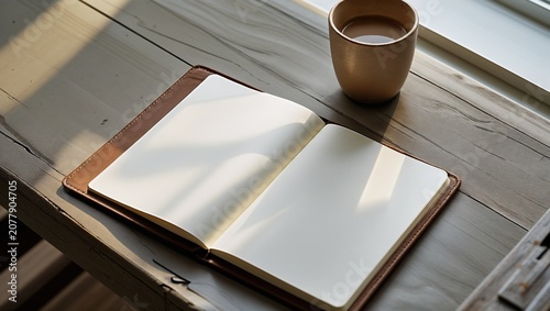 Open blank leather journal notebook with a coffee cup on a rustic wooden desk bathed in warm sunlight, ideal for writing or reflection.