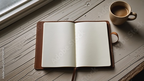 Open blank journal notebook with a brown cover on a rustic wooden desk, accompanied by a cup of coffee, ready for writing or creativity.