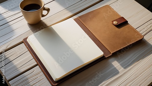 Open leather-bound notebook with blank pages and a coffee mug on a rustic wooden table, bathed in warm natural light, ideal for creative writing or planning.