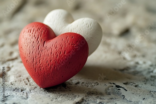 Two wooden hearts, one red and one white, resting on a textured stone surface