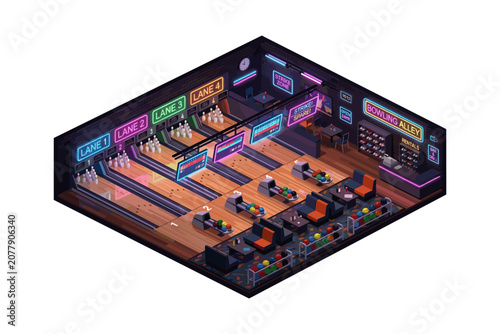 Isometric pixel art bowling alley with neon lights and multiple lanes for recreation