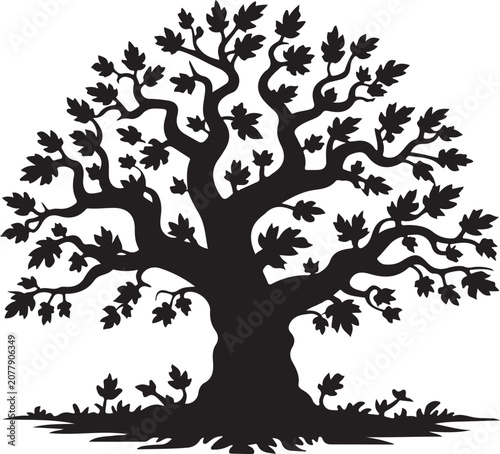 Canvas-taulu Silhouette of a tree with sprawling branches and leaves on ground