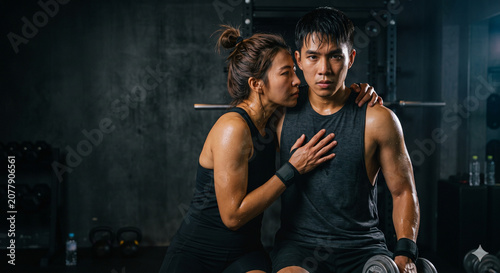 Happiness young couple Sport Trainer at Fitness training.
