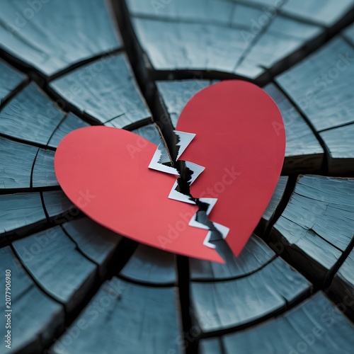 Red paper heart split into two pieces impaled by a dark sharp object on a wooden surface