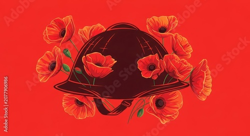 A stylized silhouette of a military helmet surrounded by vibrant red poppies against a bold red backdrop, symbolizing honor and memory, service, equipment, symbolic